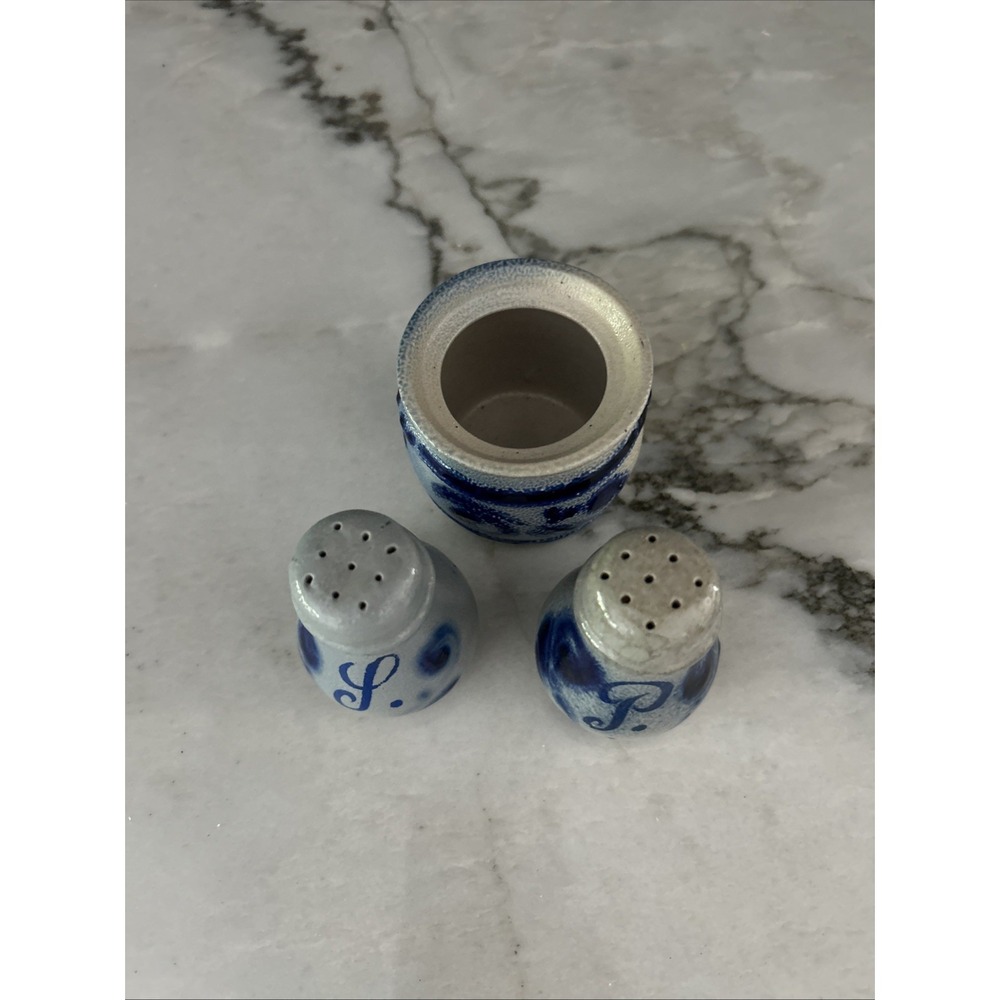 Vintage Stoneware Salt & Pepper Toothpick Holder set POTTERY Cobalt Blue - Picture 2 of 14